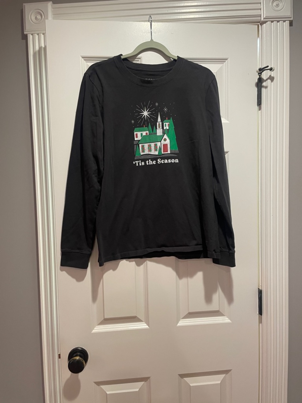 Life Is Good Black Long Sleeve Tee with Green and White Church Graphic